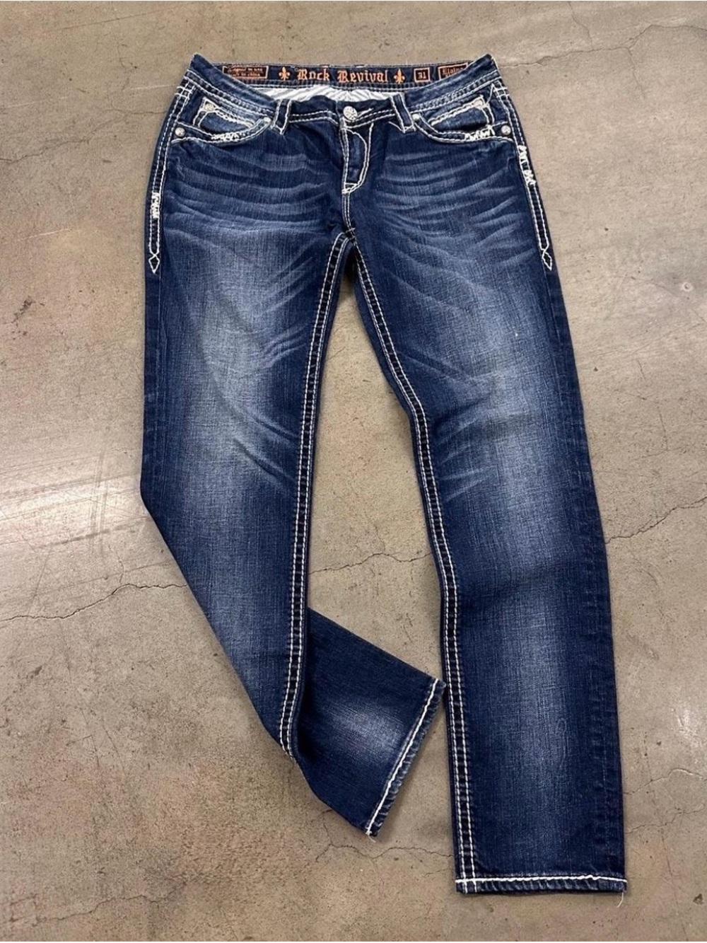 Rock Revival Elaine Dark Indigo Skinny Bling Denim Jean with Embroidered Pockets
